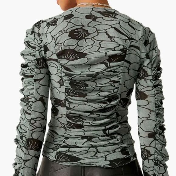 Nwt Free People Through the Meadow Ruched Mesh Top Steel Blue Long Sleeve - Picture 2 of 6